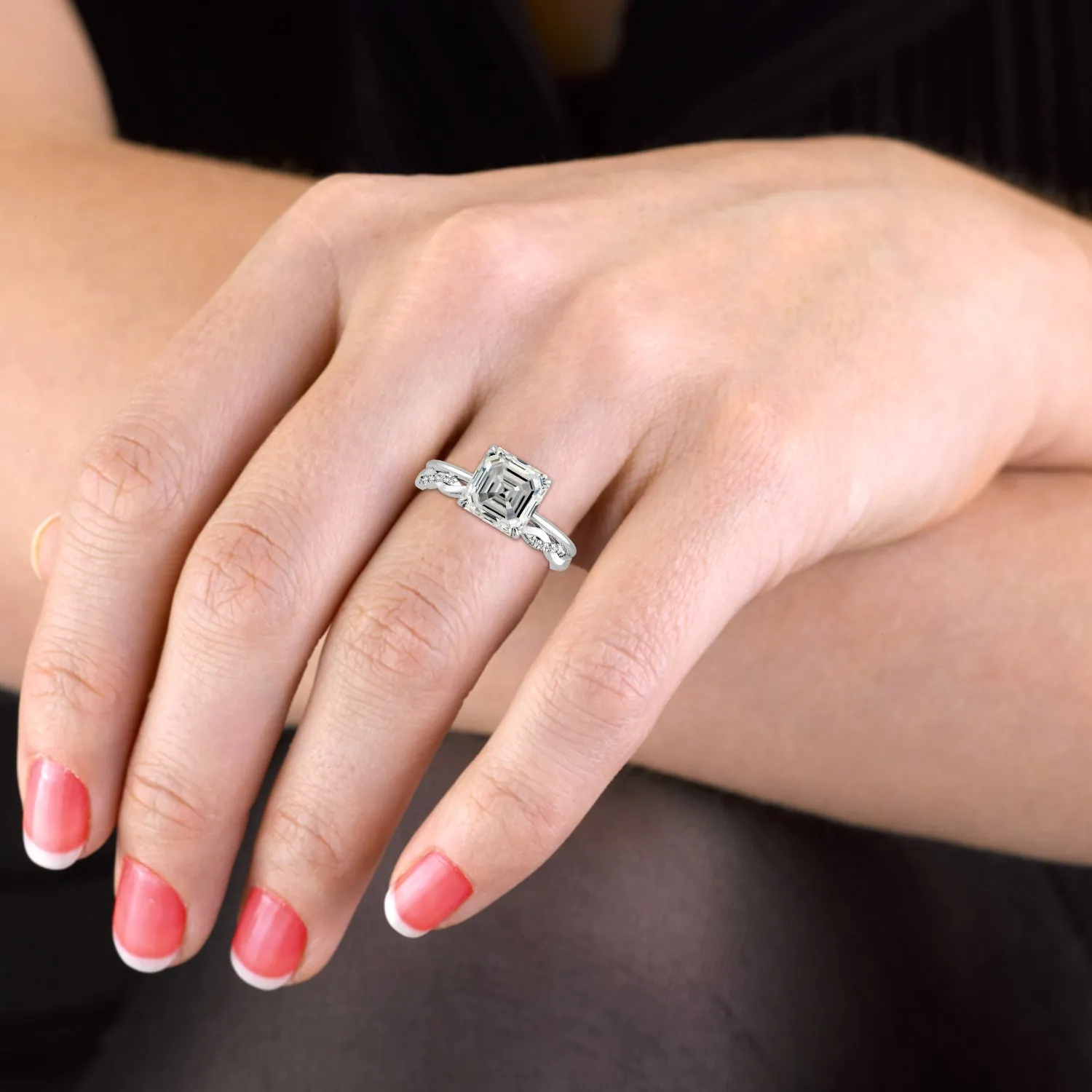 Squared Emerald Cut Hidden Halo Elegant Engagement Ring Bridal Set - 624