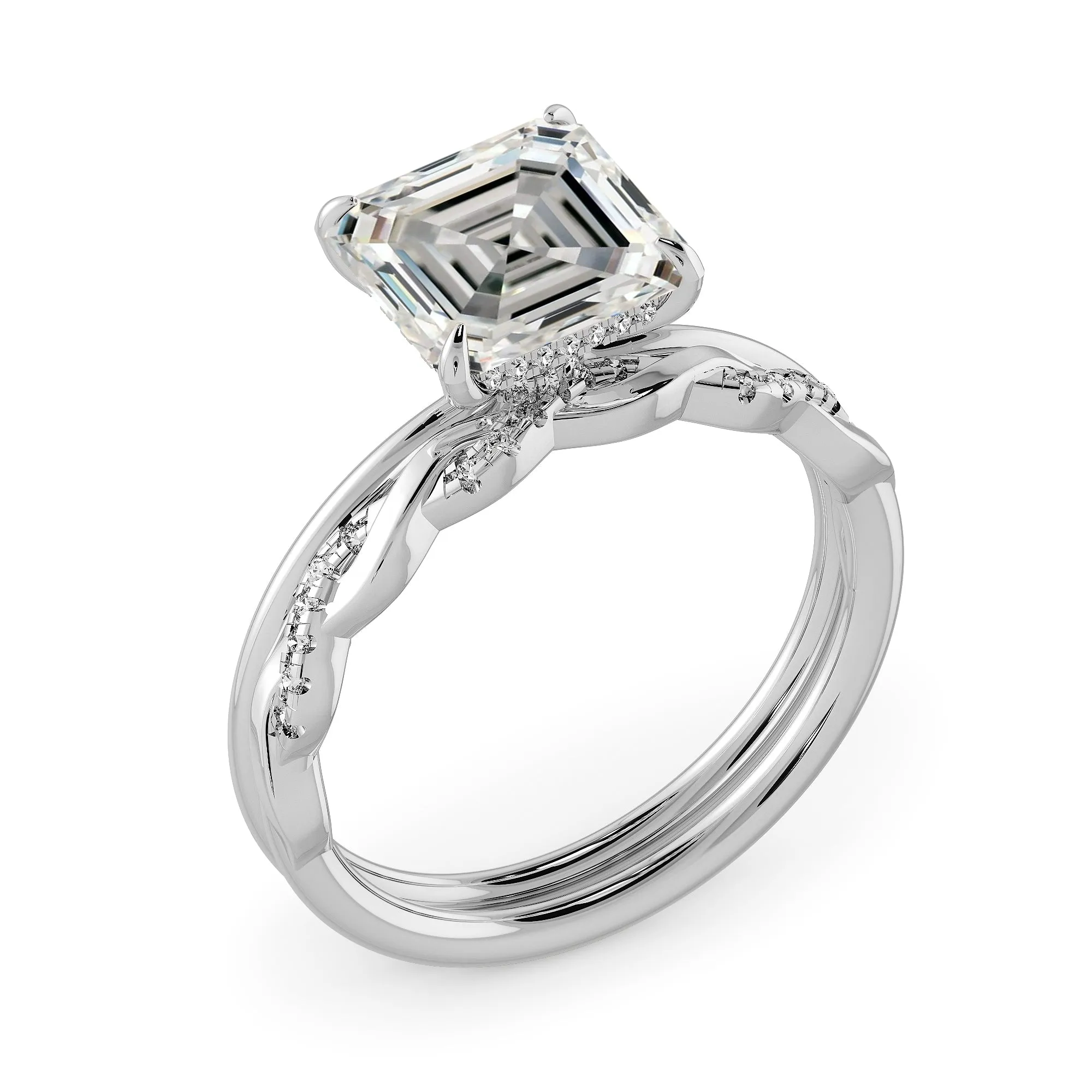 Squared Emerald Cut Hidden Halo Elegant Engagement Ring Bridal Set - 624