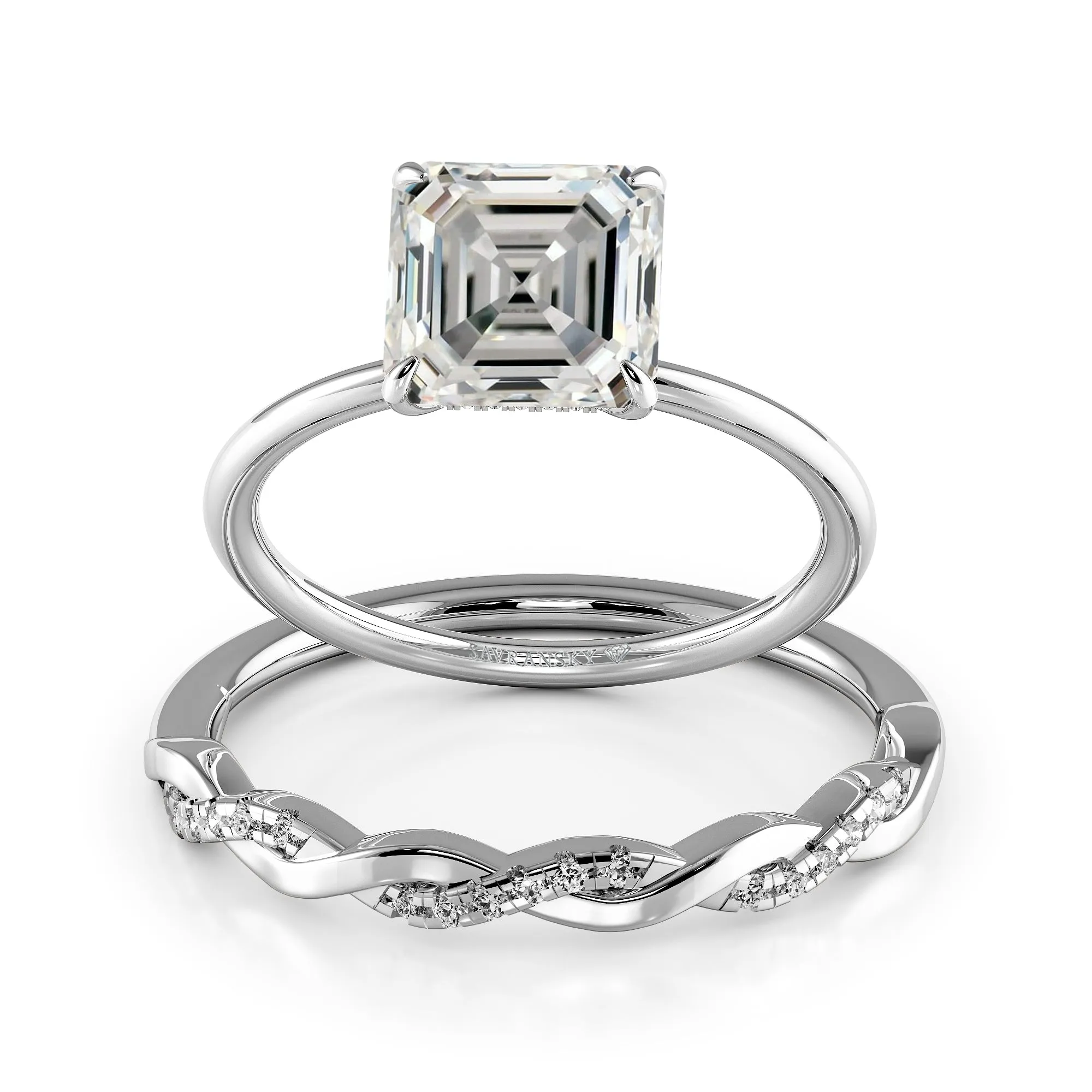 Squared Emerald Cut Hidden Halo Elegant Engagement Ring Bridal Set - 624