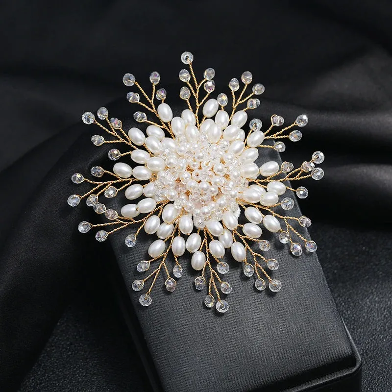 Starburst Pearl Bridal Circle Brooch, Gold Wire Pearl Flower Brooch, Large Wedding Pearl Cluster Floral Brooch