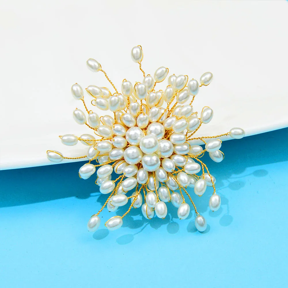 Starburst Pearl Bridal Circle Brooch, Gold Wire Pearl Flower Brooch, Large Wedding Pearl Cluster Floral Brooch