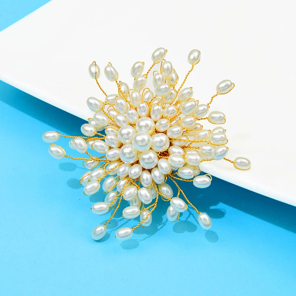 Starburst Pearl Bridal Circle Brooch, Gold Wire Pearl Flower Brooch, Large Wedding Pearl Cluster Floral Brooch
