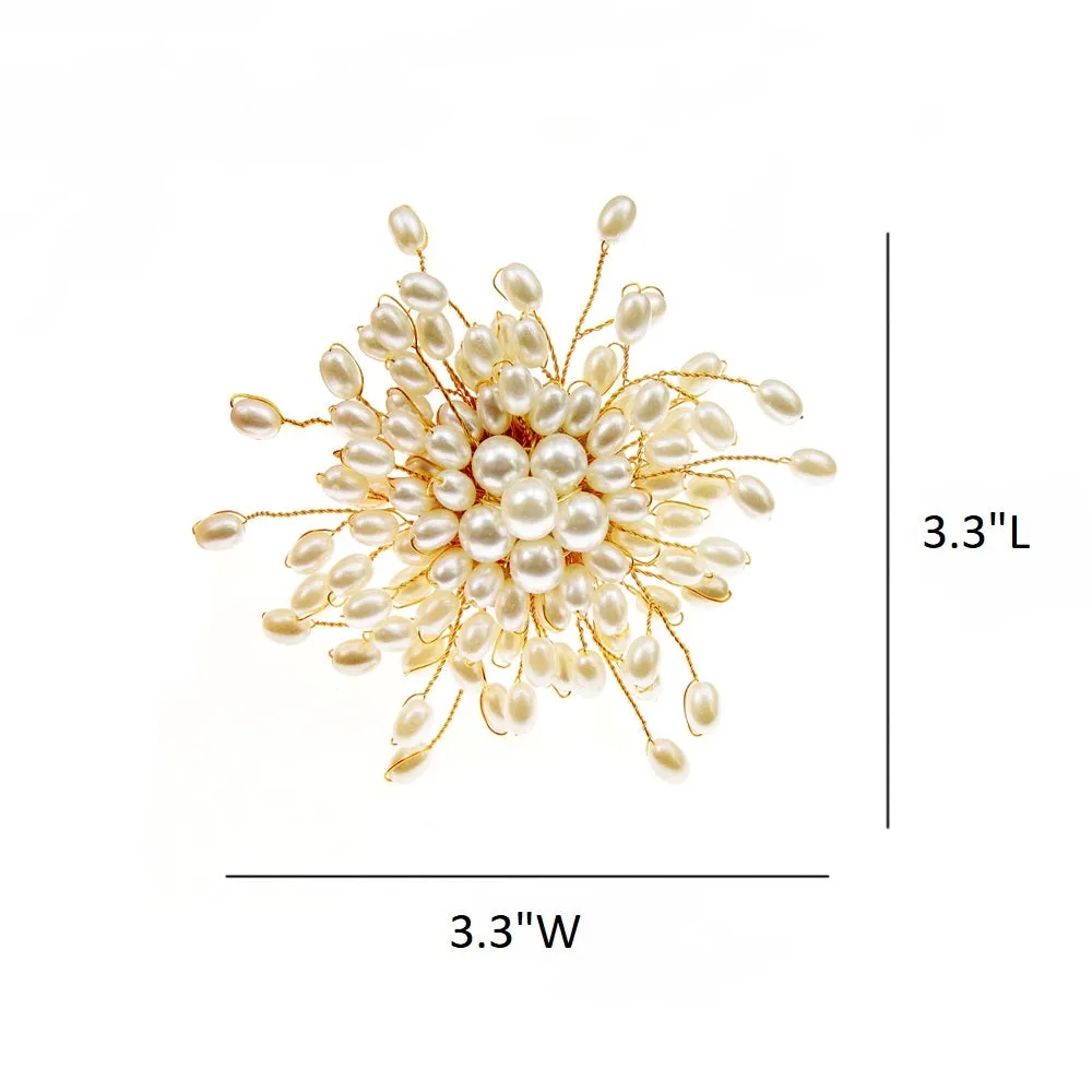 Starburst Pearl Bridal Circle Brooch, Gold Wire Pearl Flower Brooch, Large Wedding Pearl Cluster Floral Brooch