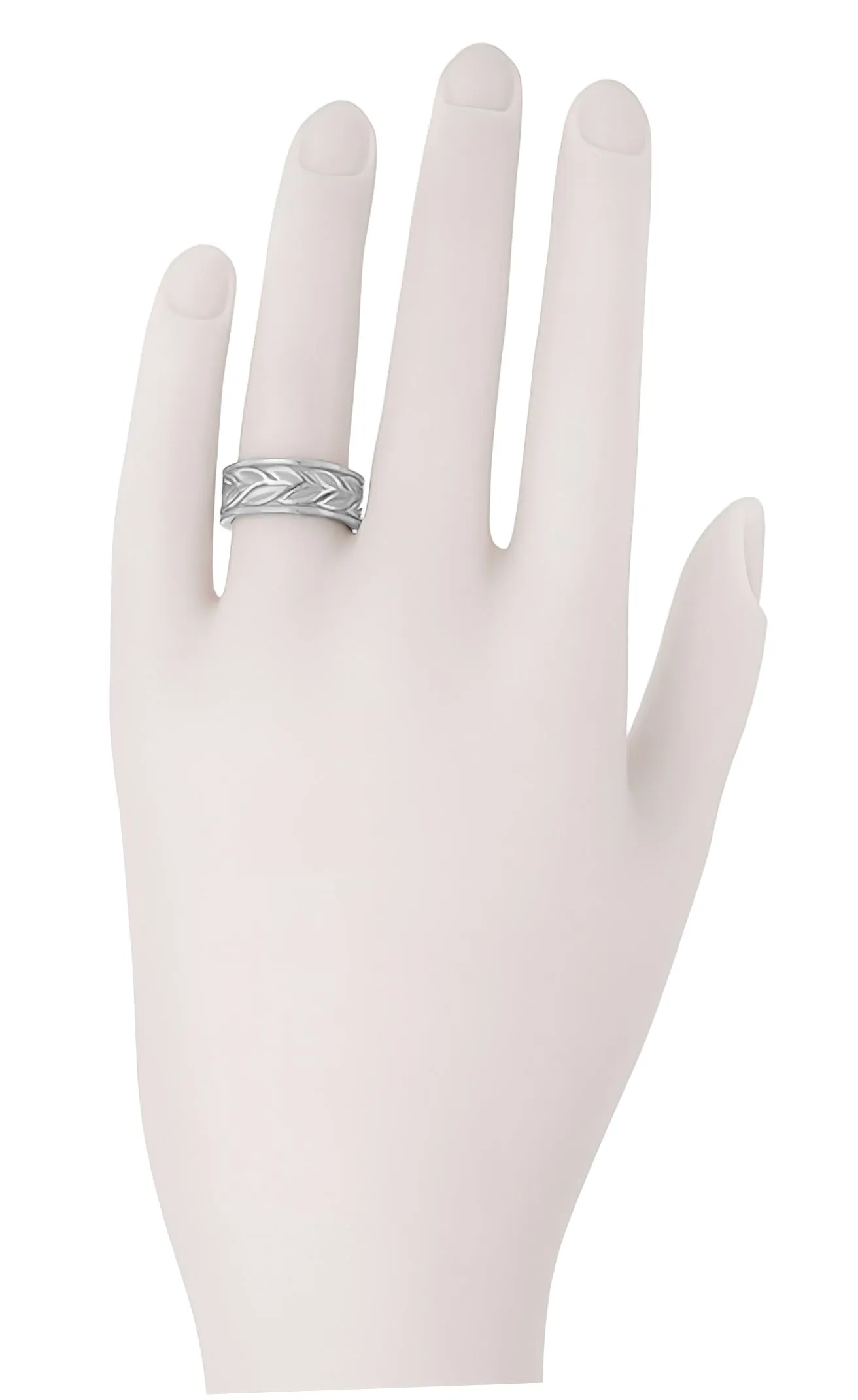 Vintage Engraved Eternity Vine Leaves Heavy 8mm Wide Wedding Band in 14K White Gold