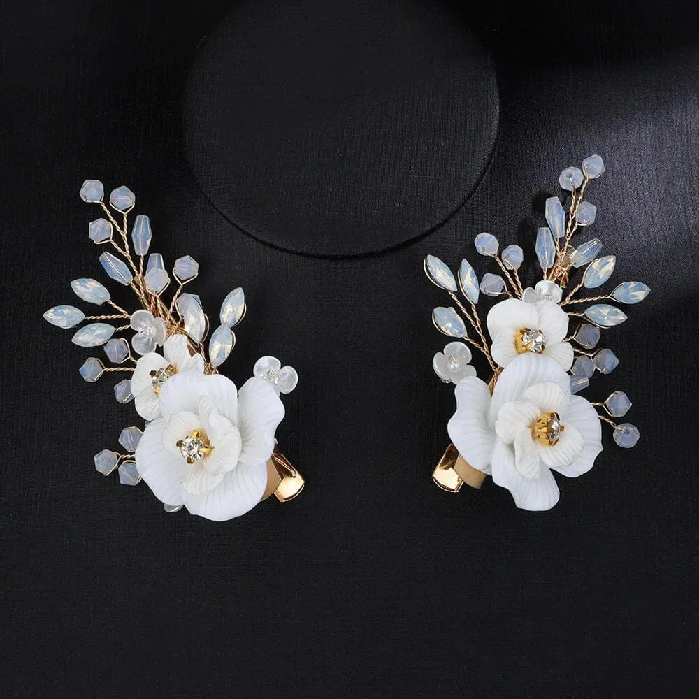 White Flower Opal Leaf Hair Comb, Milky Opal Crystal Bridal Hairpiece, Wedding Floral Hair Comb or Flower Hair Clips