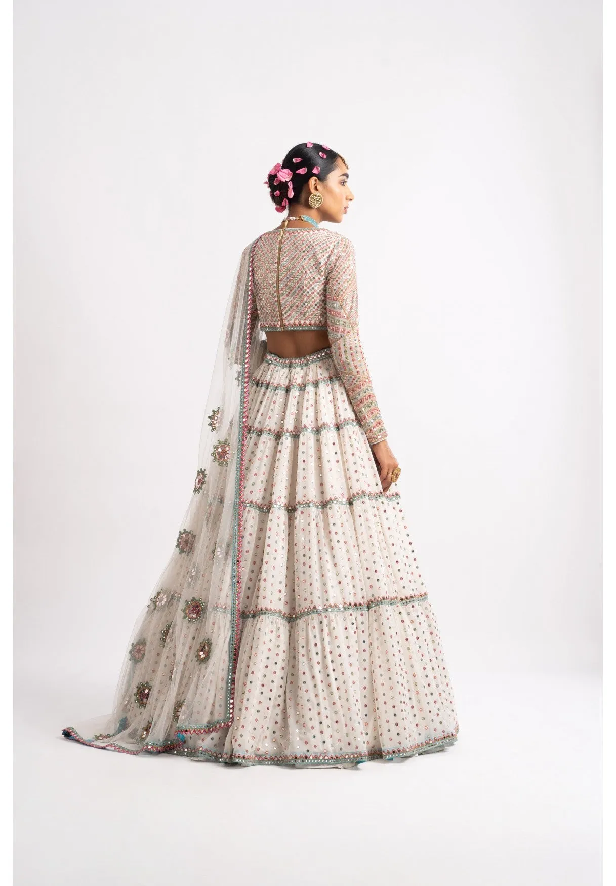White Multi Tier Multi Color Lehenga Set