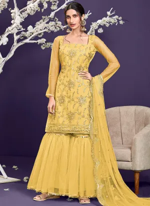 Yellow Zari And Badla Embroidered Sharara Suit